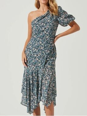 Astr One-Shoulder Teal Floral Midi Dress